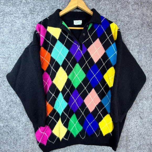 United Colors Of Benetton Sweaters - Vintage Benetton Polo Sweater Womens Black Bright Argyle Golf Retro Italian